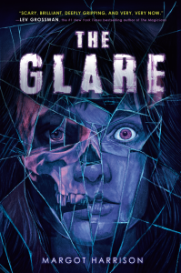 Paperback cover of The Glare showing girl's face turning into a skull in shattered mirror image.